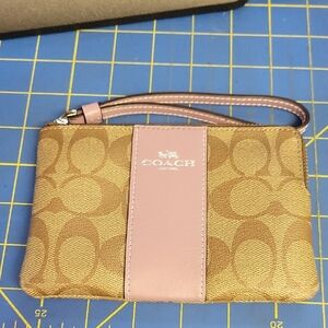Coach Brown Signature Print Lavender Wristlet 6" x 4" Like New